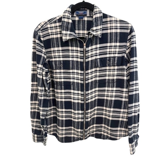 𝅺CHAPS BLACK & WHITE PLAID ZIP UP JACKET COLLAR 2 FRONT POCKETS COTTON LARGE - Picture 1 of 3